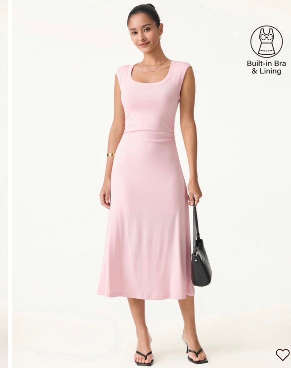 OGL Scoop Neck Side Ruched New Airy Bra Midi Dress Light Pink Size L NWT